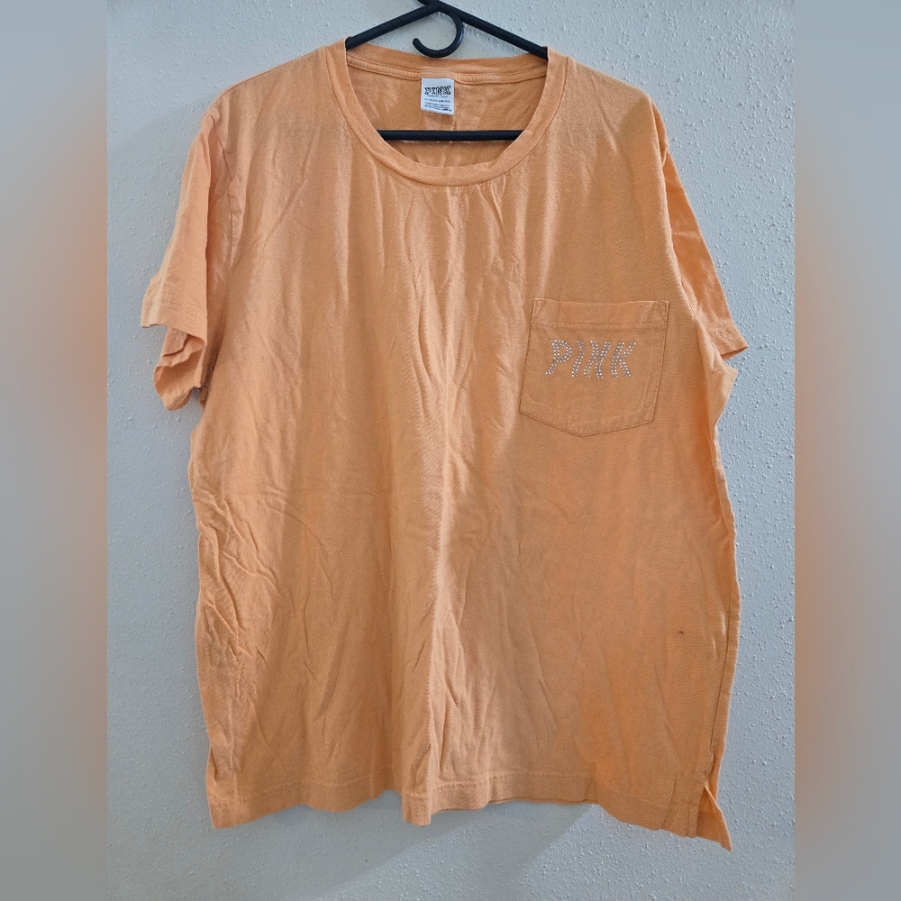 PINK Victoria's Secret Peach Short Sleeve Pocket Tee with Rhinestone Logo